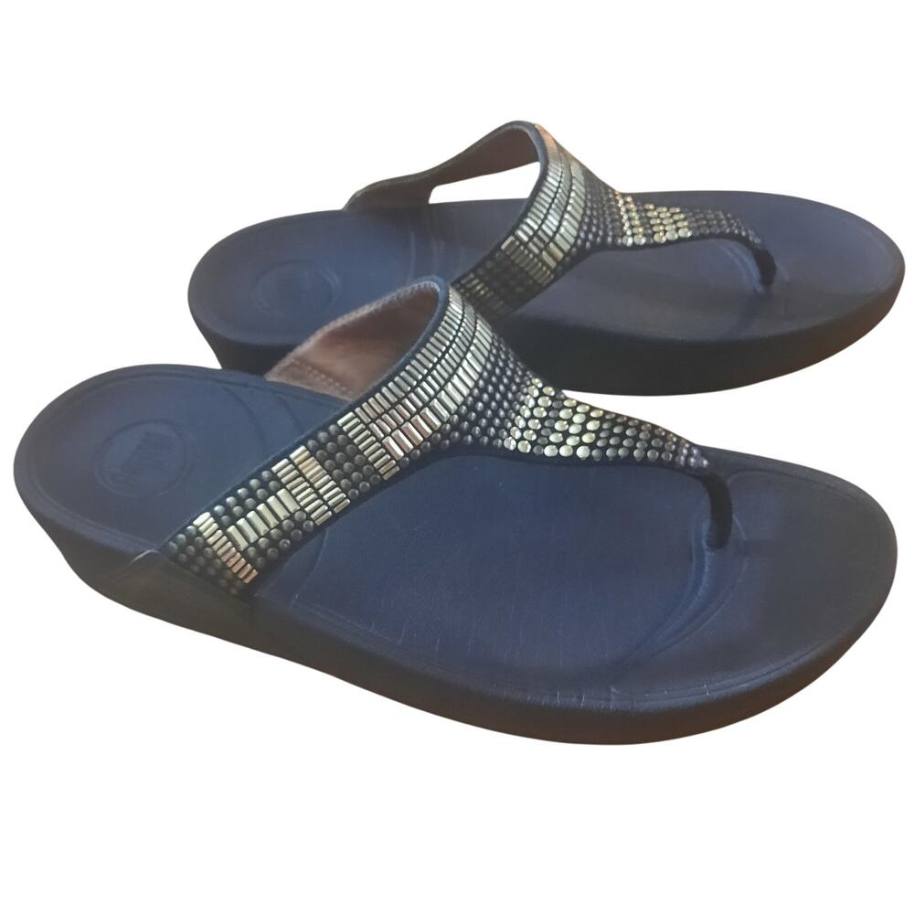 Fitflop Womens Aztek Chada Black & Gold Metalic Flip Flop Style Sandals Size 9